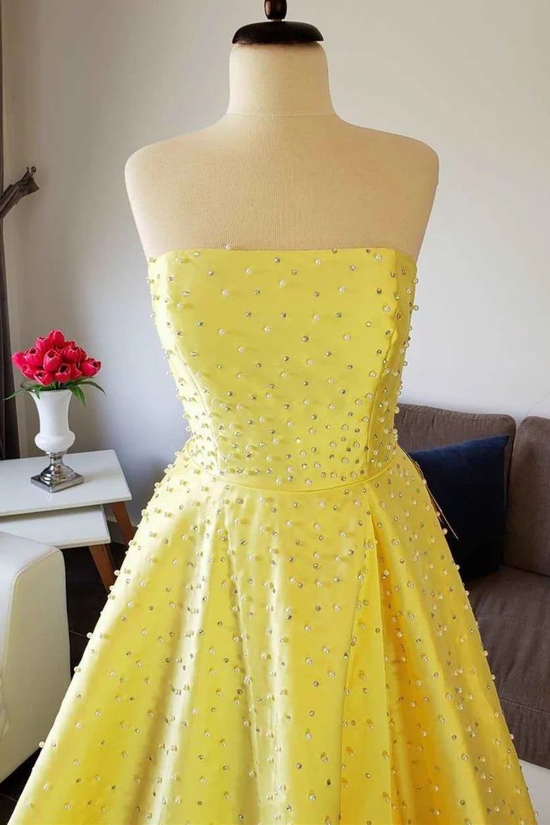 Vestido de fiesta sin tirantes, de satén, con cuentas y sin mangas, largo hasta el suelo y encaje